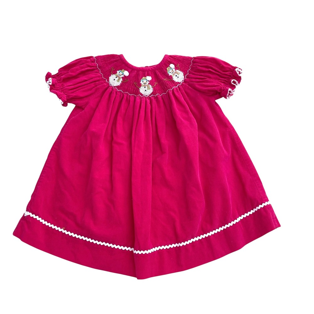 Southern Sunshine smocked micro corduroy bishop dress‎ Size 9M Christmas snowman